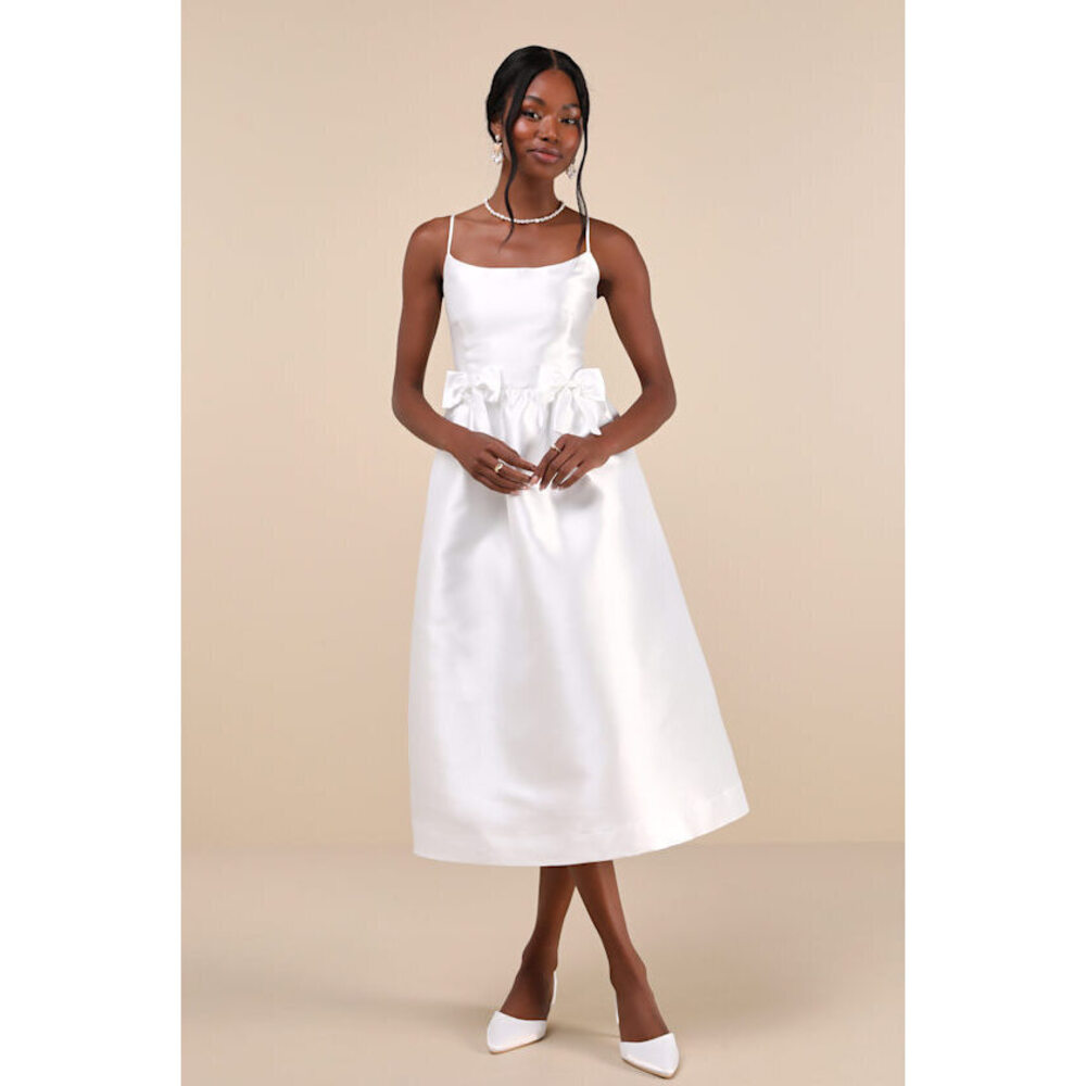 Lulus Classy Aesthetic White Taffeta Bow Midi Dress With Pockets - Size M